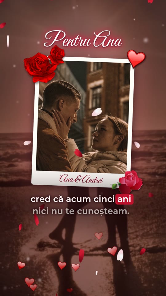 Exemplu de clip Vocea Inimii: declarație spusă cu vocea clientului, peste poza lor, cu trandafiri